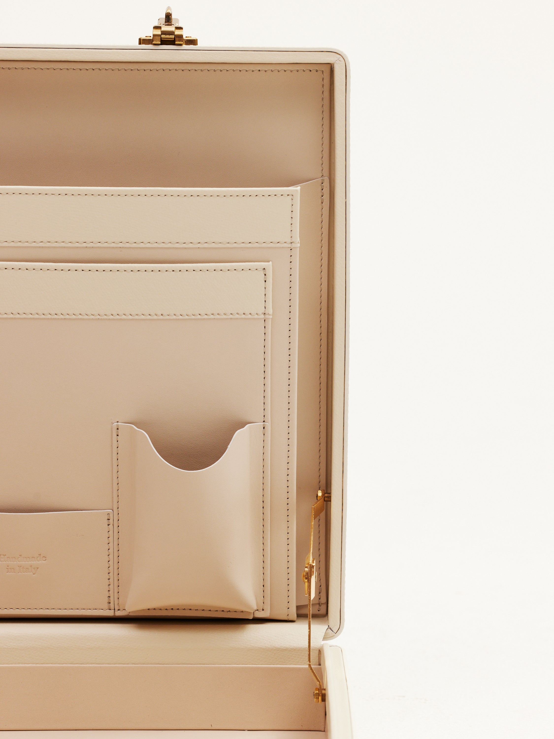 Interior View of For All Daughters Latte Heritage Briefcase showing glasses pocket — handcrafted between Ireland and Italy, a refined luxury gift for modern women